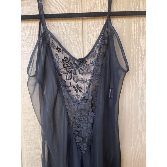VINTAGE by FREDERICK’S of HOLLYWOOD BLACK Chiffon LACE Négligée NIGHTGOWN M￼ - Picture 2 of 12